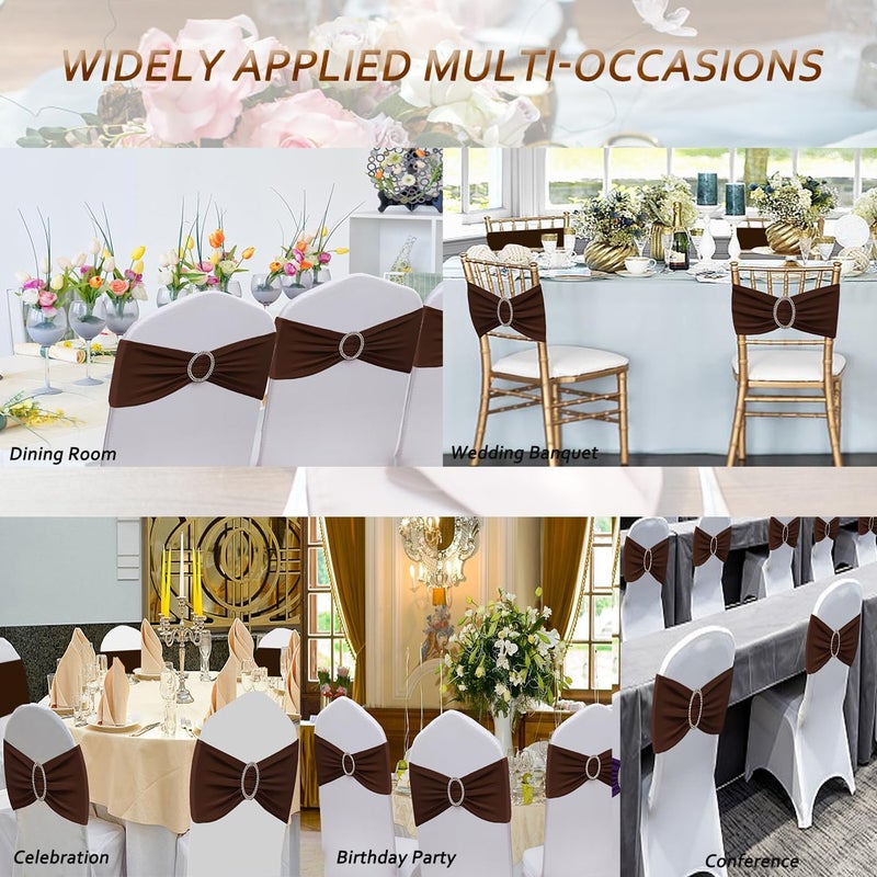 JFDYDM Brown Chair Sashes 50 Pack, Spandex Brown Chair Bows Bands with Buckle Slider for Folding Chairs Wedding Party Birthday Decor, Chair Ties - Image 4